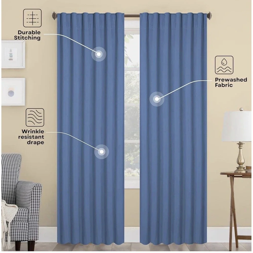 Heirloom Comfort Coastal Farmhouse Curtains Sky Blue 84” Cotton Panel Set 2